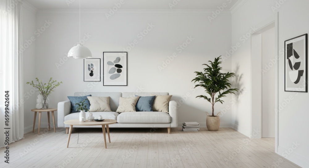 Fototapeta premium Minimalist Living Room Interior: Modern Design, Neutral Tones, Plants, Art.
