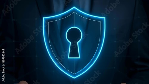 Businessman Suit Security Shield Lock Digital Protection Technology Glowing Blue Confident Secure Cyber Privacy Holding Tablet