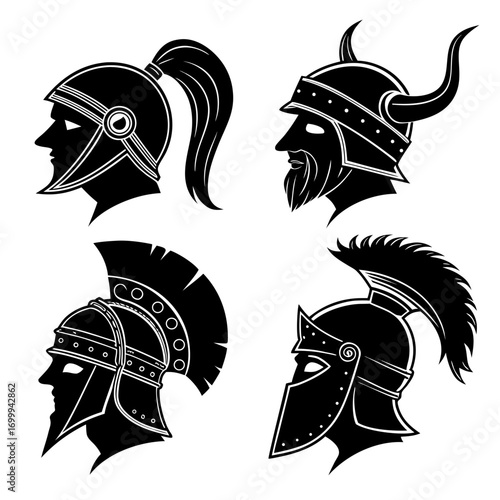 Collection of four distinct warrior helmet silhouettes showcasing ancient greek roman and viking warrior profiles in black and white graphic design