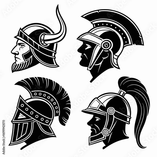 Collection of four distinct warrior helmet profiles including a viking helmet roman legionary helmet spartan helmet and a greek corinthian helmet in a bold black and white graphic style