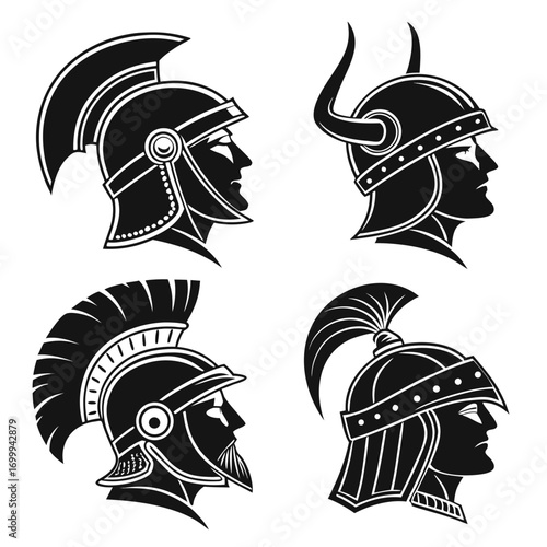 Collection of four distinct warrior helmets and profiles in black silhouette representing ancient combatants and historical military figures
