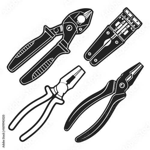 A collection of four black and white vector illustrations of various hand tools including wire cutters wire strippers and different types of pliers arranged on a white background