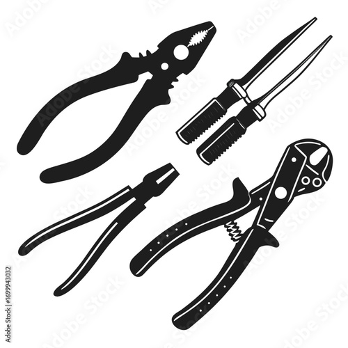 A collection of four black silhouette illustrations of various types of pliers and wire cutters isolated on a white background representing a set of essential hand tools
