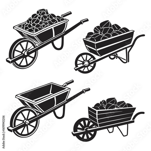 Set of four black and white illustrations of wheelbarrows some loaded with rocks and coal others empty in a clean graphic style