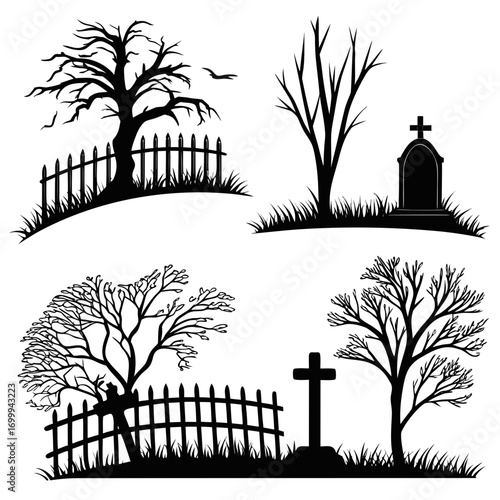 Spooky halloween cemetery silhouettes featuring bare trees picket fences gravestones and crosses on a white background