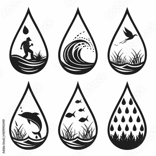 Six stylized water drops each containing a distinct natural scene representing different aspects of water and nature including a person walking a wave a bird a dolphin fish and falling rain