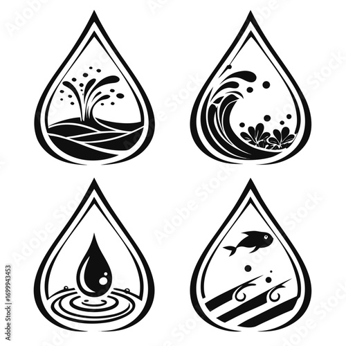Four stylized black and white water drop icons representing different aspects of water including a geyser a wave a falling droplet and a fish in water