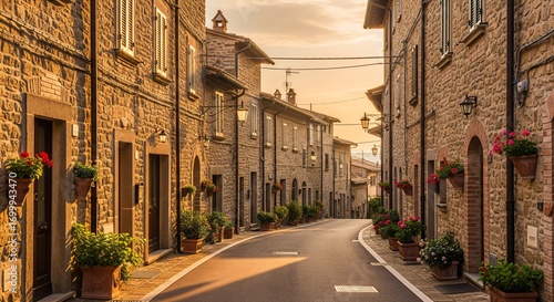 Fototapeta Naklejka Na Ścianę i Meble -  Stradina asfaltata di città Italiana con luce appena salita in una bella giornata 