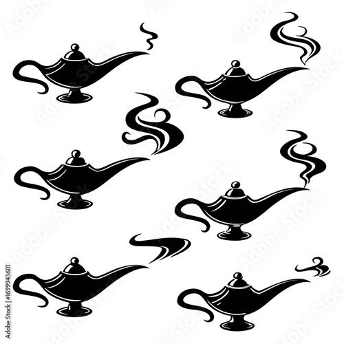 Collection of stylized black silhouette genie lamps with swirling smoke plumes representing magic and wishes isolated on a white background