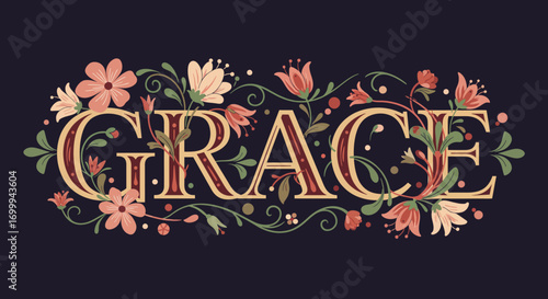 Beautiful Grace Lettering Adorned with Flowers and Vines.