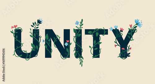 Word Unity decorated with natural floral elements.