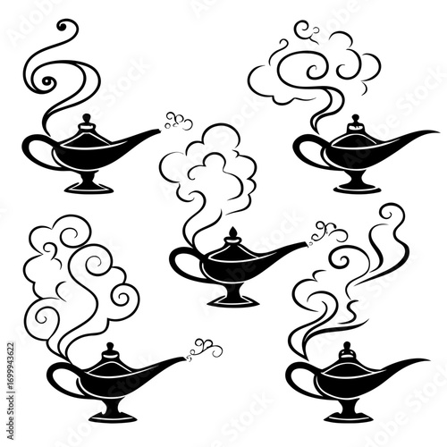 A collection of stylized black silhouette illustrations of aladdin s magic lamps emitting swirling smoke and magical vapor against a white background