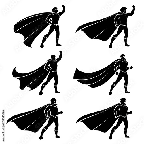 Collection of six black silhouette superhero figures in dynamic poses with flowing capes against a white background representing strength and heroism