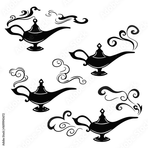 A collection of four stylized black silhouette magic genie lamps emitting wisps of smoke and magical swirls against a clean white background evoking fantasy and wishes
