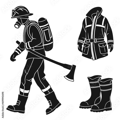 Silhouette of a firefighter in protective gear carrying an axe alongside a jacket and boots representing emergency services and safety equipment