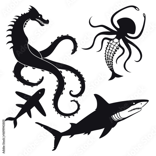Collection of black silhouette sea creatures including a kraken or sea serpent a mermaid octopus hybrid a shark and a smaller fish or shark on a white background