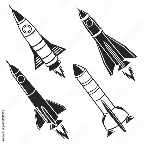 A collection of four stylized black and white rocket ship illustrations in various orientations suggesting a journey into space with fiery exhaust