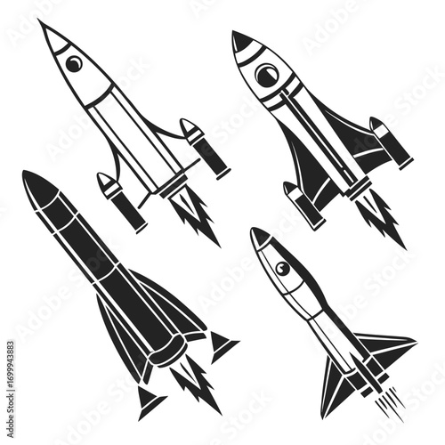 Four stylized black and white rocket ship illustrations in different designs and orientations depicting space travel and exploration with fiery exhaust trails