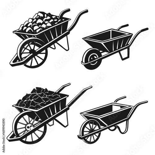 Set of four black and white illustrations of wheelbarrows two loaded with materials and two empty ideal for construction or garden themes