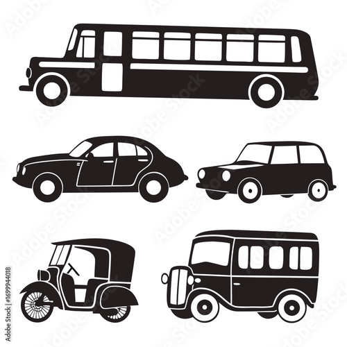 Collection of black and white silhouette icons representing various vehicles including a bus two cars a tuk tuk and a vintage bus against a white background