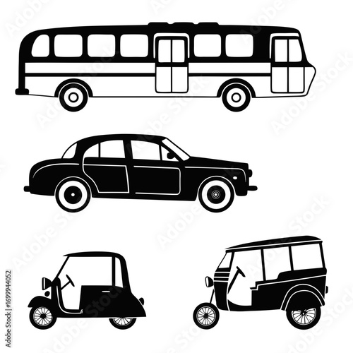 Collection of black silhouette vehicles including a bus a classic car a tuk tuk and a small three wheeled vehicle against a white background