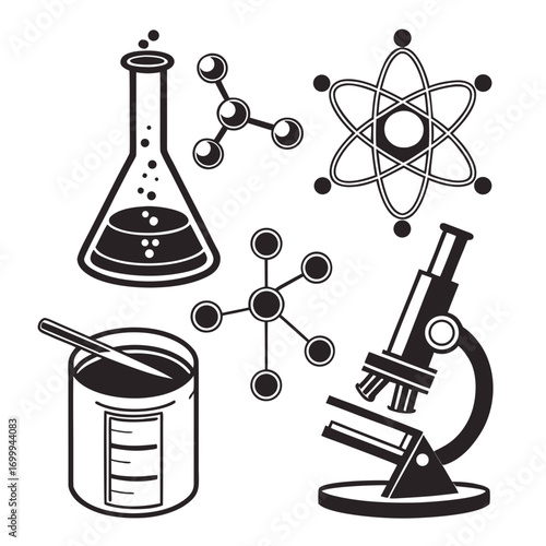 Collection of black and white science icons including a flask molecules atom model beaker with stirring rod and microscope on a white background