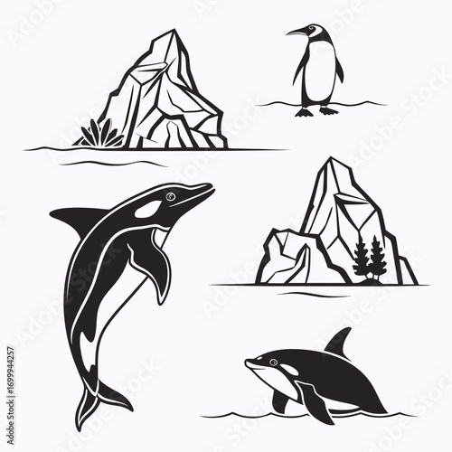 A collection of stylized black and white illustrations featuring arctic animals like killer whales and penguins alongside icy landscapes and icebergs perfect for educational or design purposes