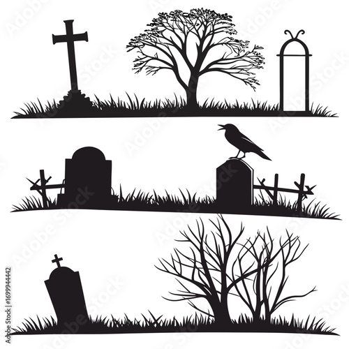 Silhouetted graveyard elements including tombstones crosses bare trees and a crow perched on a gravestone set against a white background creating a spooky atmosphere for halloween or gothic themes