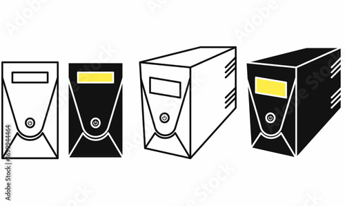 Vector illustration of uninterruptible power supply UPS device in outline,silhouette,black and white line art with front panel and power button, ideal for icon,logo,symbol technology, server. 