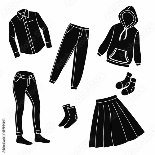 Collection of black silhouette clothing items including a collared shirt jeans sweatpants a hoodie a pleated skirt and socks isolated on a white background