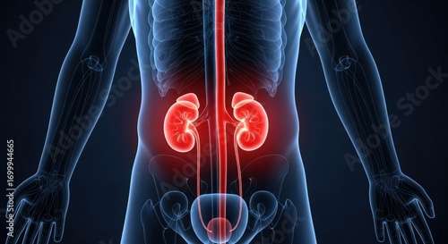 This medical illustration showcases the kidneys and the urinary system within the human body, in detail.