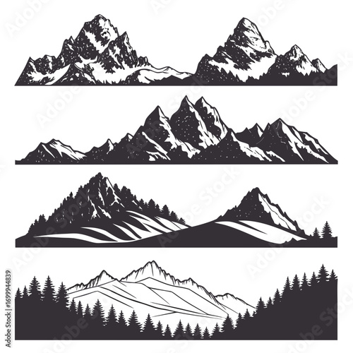 Collection of stylized mountain range silhouettes featuring snow capped peaks rocky outcrops and evergreen forests in a graphic design style for outdoor adventure themes