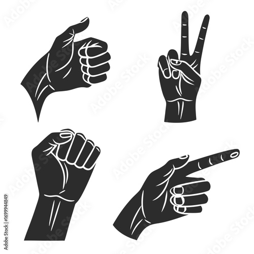 Collection of four distinct black silhouette hand gestures against a white background including a thumbs up peace sign fist and pointing finger