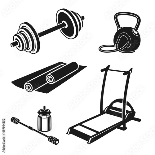Collection of black and white silhouette icons representing various fitness equipment for a home gym or workout session including a treadmill barbell kettlebell yoga mats and a water bottle