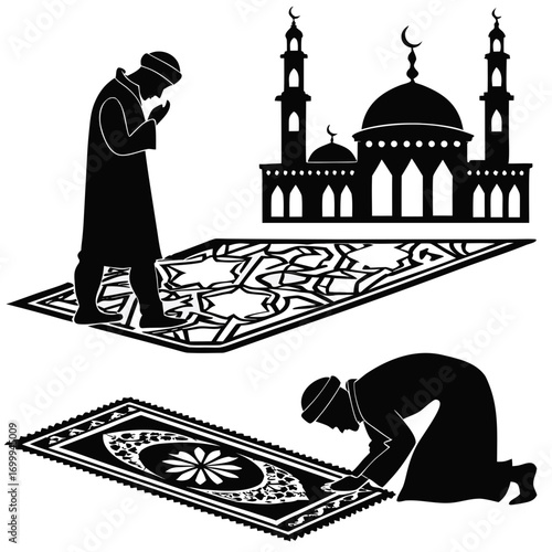 Islamic prayer scene featuring silhouettes of two men praying on prayer mats with a mosque in the background symbolizing devotion and religious practice