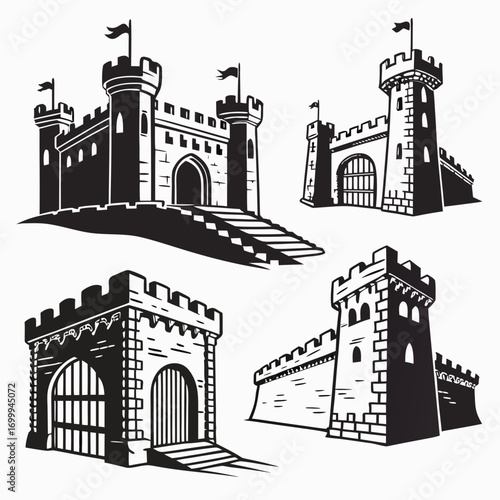 Collection of stylized black and white illustrations of medieval castles and fortifications featuring towers gates and battlements perfect for graphic design projects