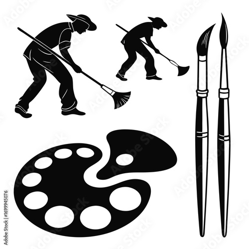 Black silhouette of artists painting tools and figures raking leaves or cleaning with tools on a white background