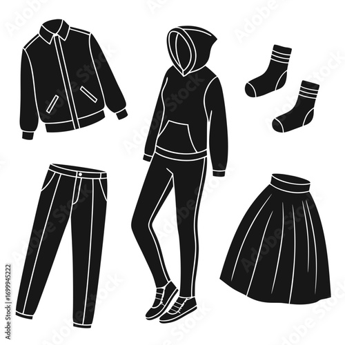 Collection of black silhouette fashion clothing items including a bomber jacket hooded sweatshirt with pants skirt socks and trousers on a white background