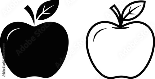 Two stylized apples one solid black and the other a white outline both with stems and leaves represent healthy fruit and produce options for nutrition and wellness illustration