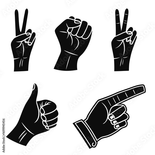 Collection of five black and white hand gesture icons including peace sign fist thumbs up and pointing finger symbolizing communication and agreement