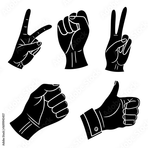 Collection of black hand gestures in silhouette including a peace sign a fist a thumbs up and a rock paper scissors symbol against a white background