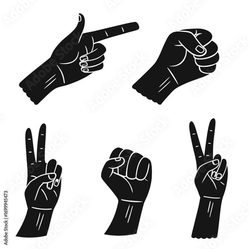 Collection of black silhouette hand gestures including pointing finger fist and peace sign on a white background