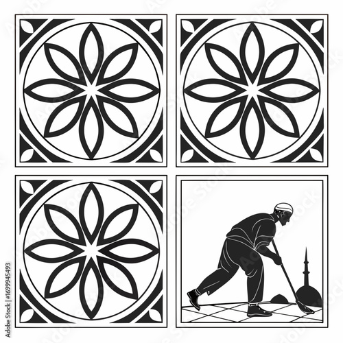 Islamic geometric patterns and a silhouette of a man sweeping near a mosque dome representing traditional islamic art and daily life in a religious setting