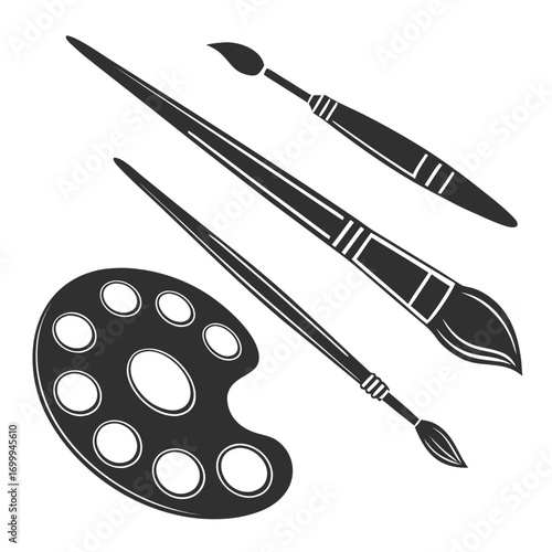 Artistic tools including a painter s palette and various sized brushes are silhouetted against a white background suggesting creativity and artistic creation