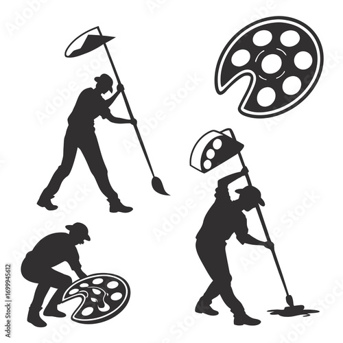 Silhouettes of artists with paint palettes and brushes in various poses symbolizing creativity and artistic expression on a white background