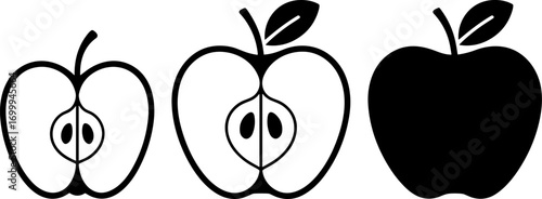 Three stylized representations of an apple demonstrating increasing detail from a simple outline to a solid silhouette highlighting its iconic shape and internal structure