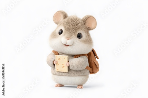A hamster wearing a tiny backpack shaped like cheese, smiling while holding a notebook, 3d animation, isolated on a white background
