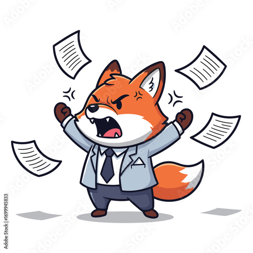 Angry Fox Cartoon Character Overwhelmed by Paperwork in Business Attire Office Stress