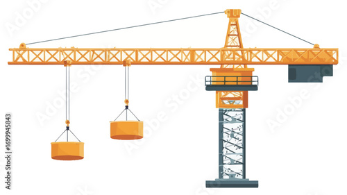Yellow Construction Crane with Lifting Hooks and Cargo Containers