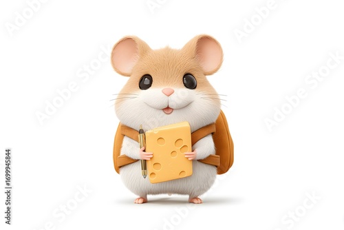A hamster wearing a tiny backpack shaped like cheese, smiling while holding a notebook, 3d animation, isolated on a white background